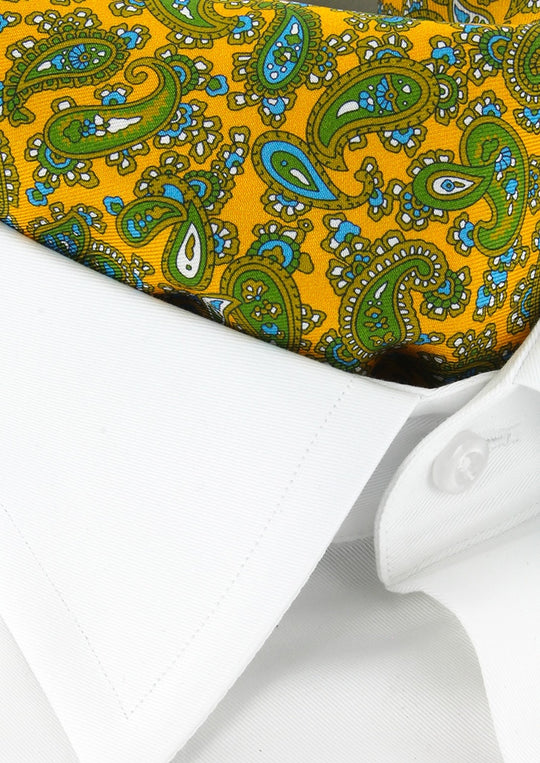 Foulard ascot homme en soie jaune motif paisley