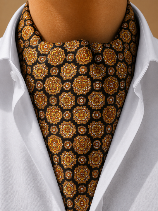 Foulard ascot en soie marron motif saumon et jaune