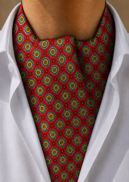 Foulard ascot en soie rouge motif bleu ciel et jaune