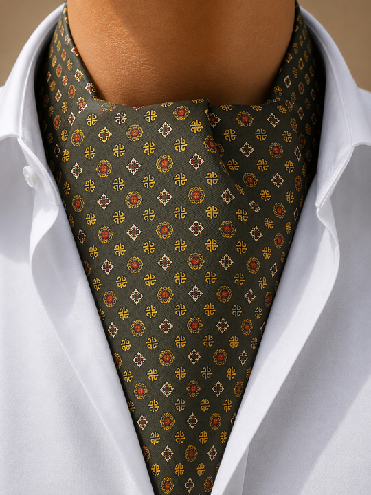 Foulard ascot en soie vert kaki motif jaune et rouge