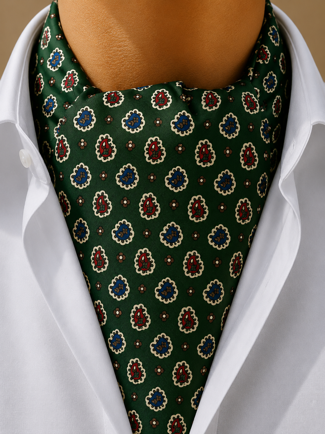 Foulard ascot en soie vert sapin motif bleu et rouge