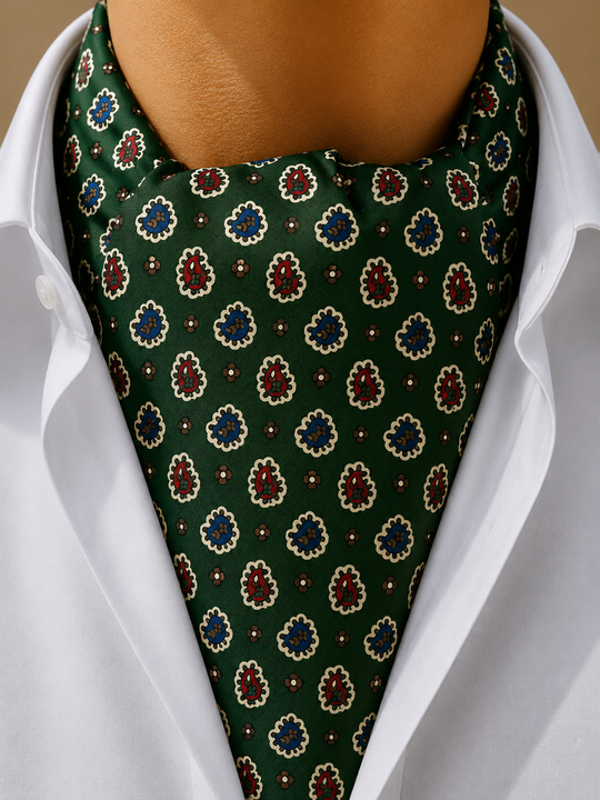 Foulard ascot en soie vert sapin motif bleu et rouge