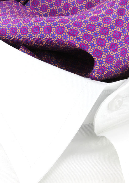 Foulard ascot homme en soie violet motif fuchsia et saumon
