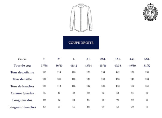 Guide de taille coupe droite chemise | Cotton Park