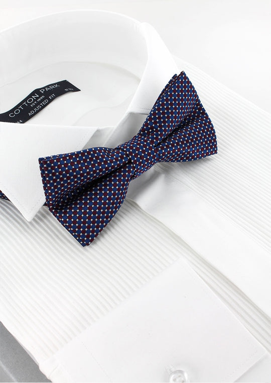 Noeud papillon bleu motifs géométriques bordeaux