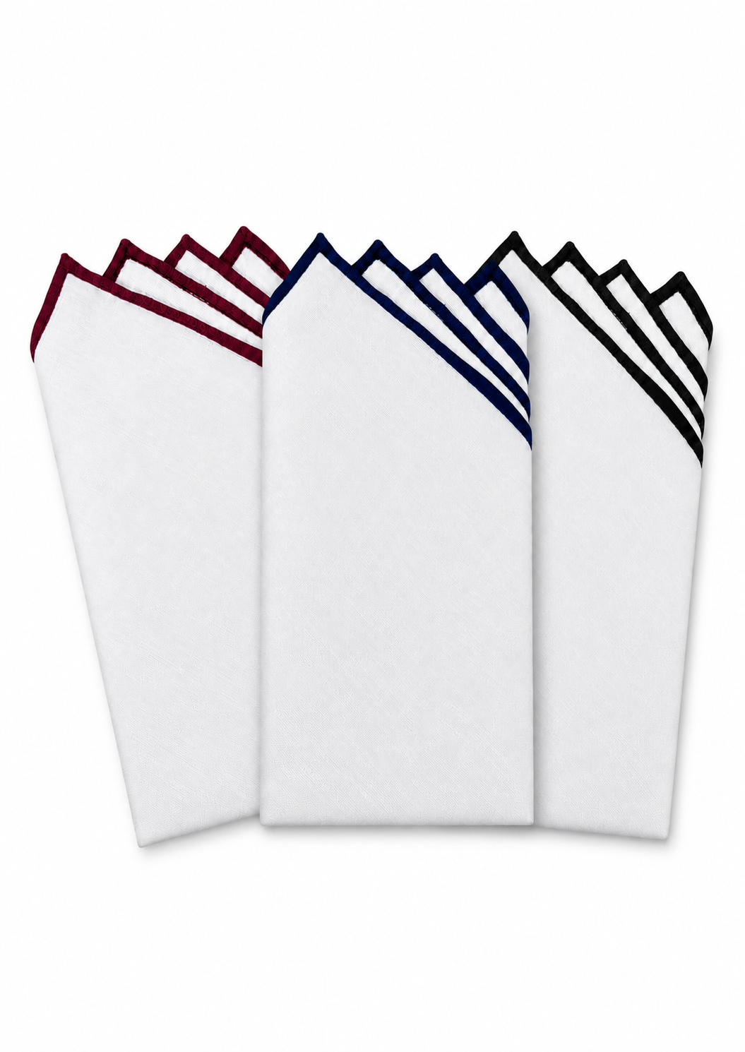 Pack de 3 Pochettes de Costume en Lin Blanches à Biais Bordeaux, Bleu Marine et Noir – Cotton Park