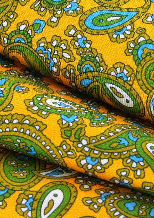 Pochette de costume en soie jaune à motif cachemire vert et turquoise