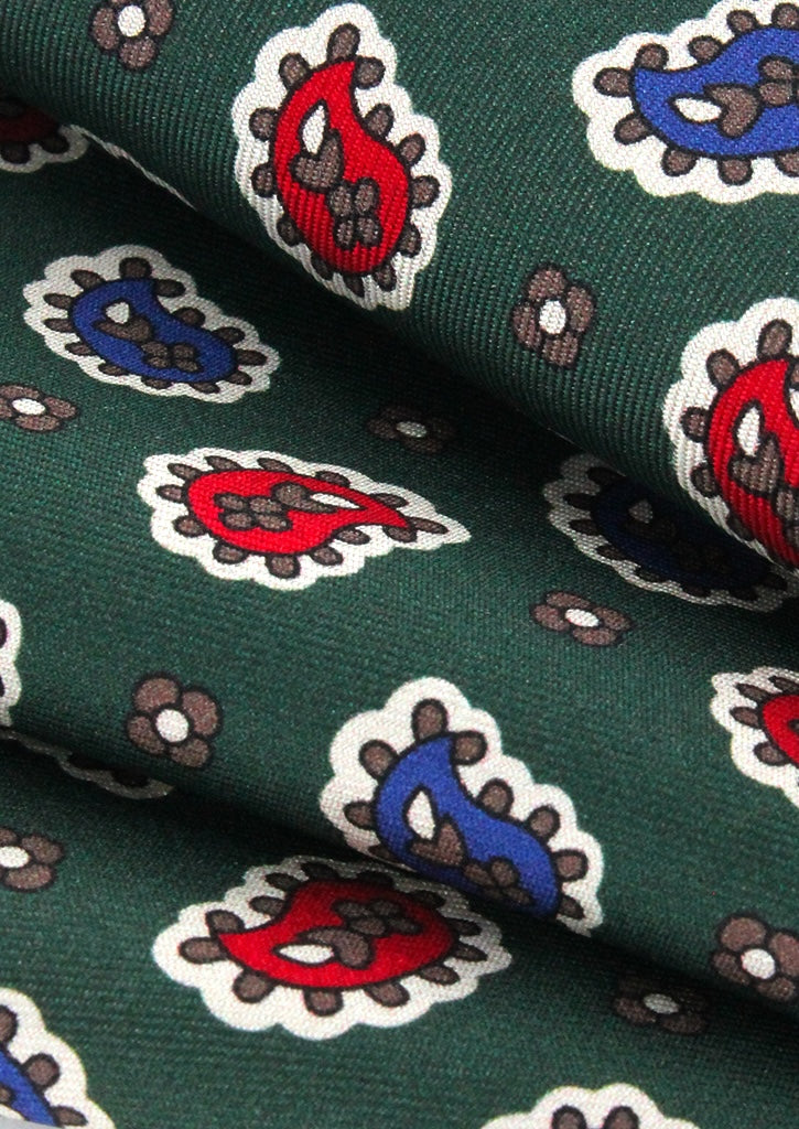 Pochette de costume en soie vert sapin à motifs cachemire rouge et bleu