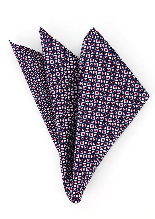 Pochette de costume en soie bleu marine à motifs bordeaux et blanc