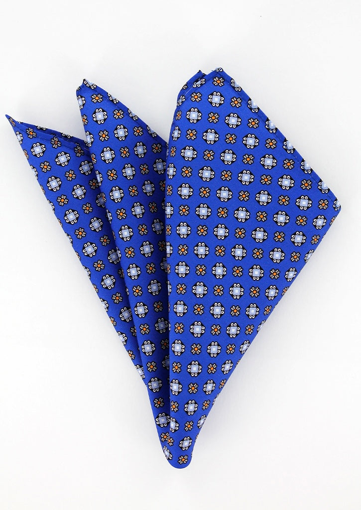 Pochette de costume en soie bleu roi à motifs bleu ciel et orange