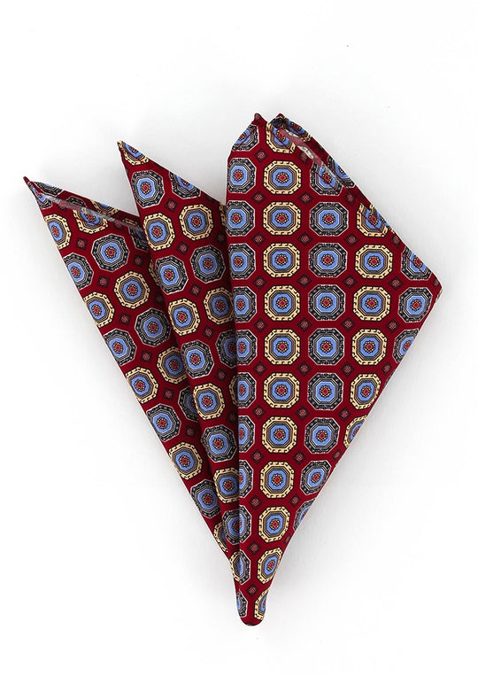 Pochette de costume en soie bordeaux à motifs bleu ciel et beige