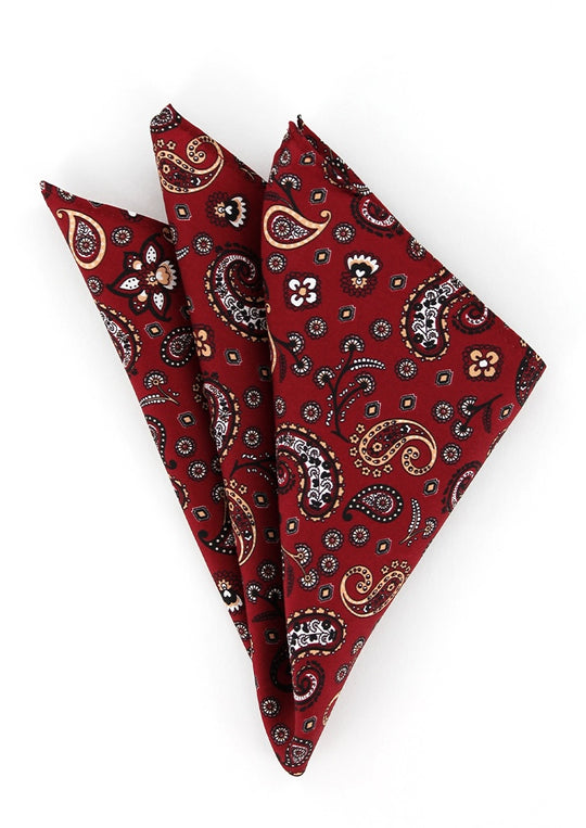 Pochette de costume en soie bordeaux à motif paisley beige