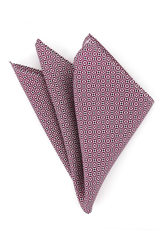 Pochette de costume en soie fuchsia à motifs géométriques noirs