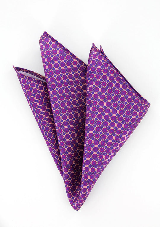 Pochette de costume en soie fuchsia à motifs orange