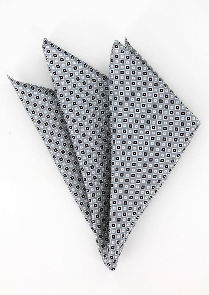 Pochette de costume en soie grise à motifs noir et blanc