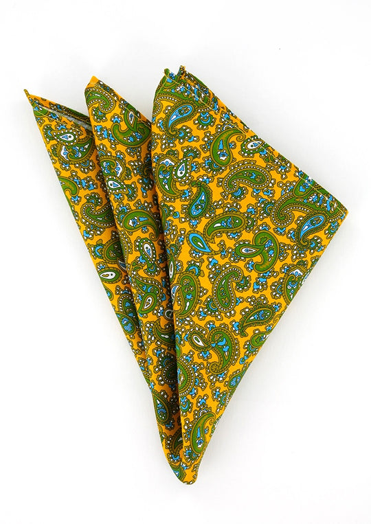 Pochette de costume en soie jaune à motif cachemire vert et turquoise