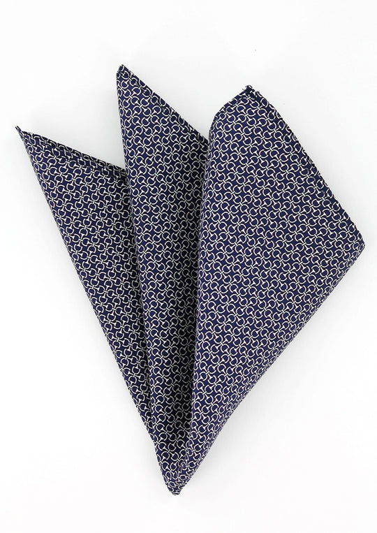 Pochette de costume en soie bleu marine à motifs blancs