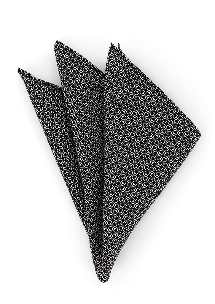 Pochette de costume en soie noire à motifs blancs