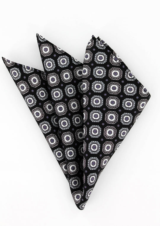 Pochette de costume en soie noire à motifs gris et violet