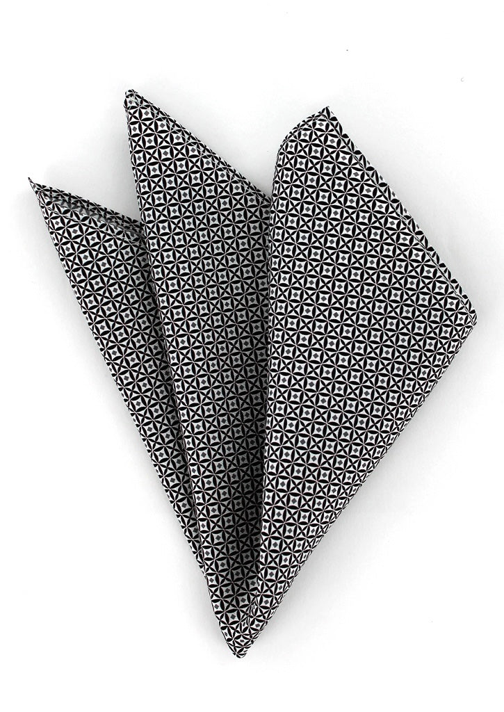 Pochette de costume en soie noir et blanc à motif géométrique