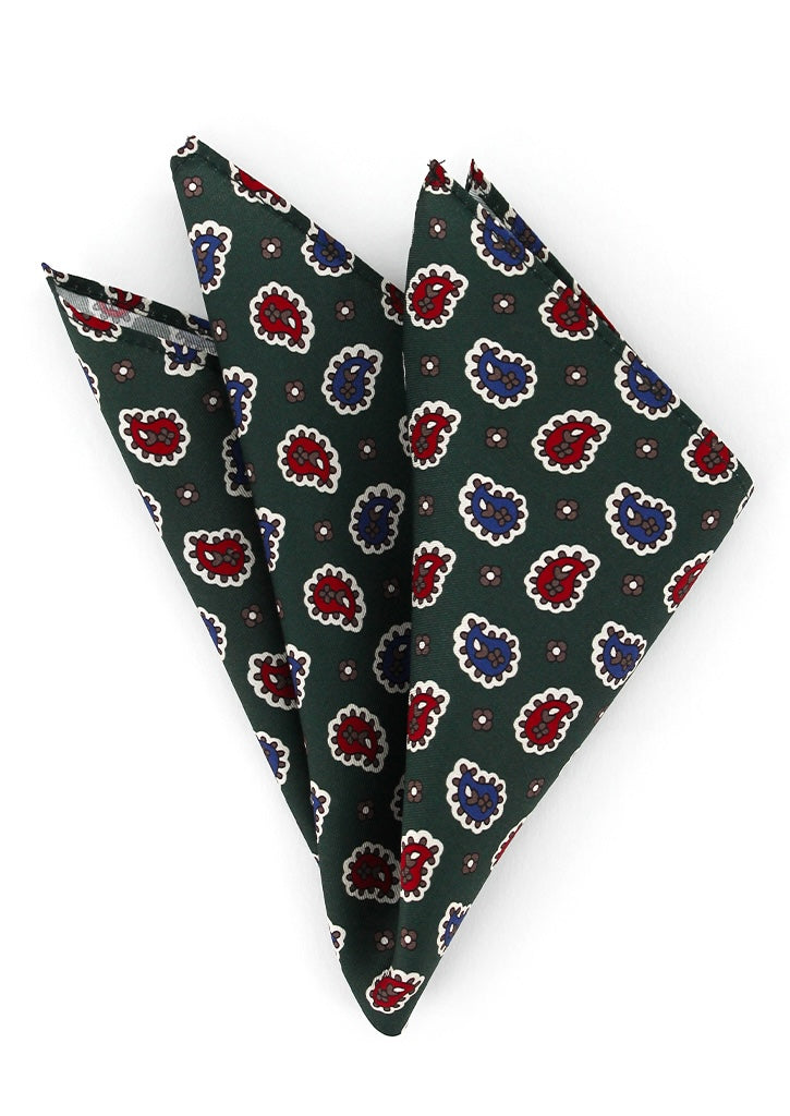 Pochette de costume en soie vert sapin à motifs cachemire rouge et bleu