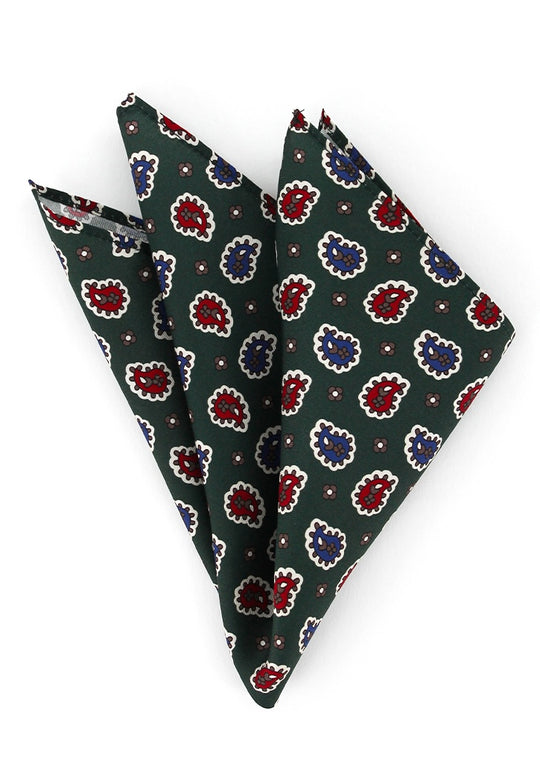 Pochette de costume en soie vert sapin à motifs cachemire rouge et bleu