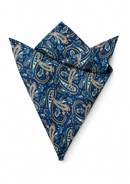 Pochette en soie bleu marine motif paisley beige