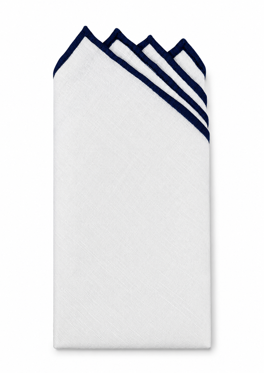 Pochette de Costume en Lin Blanche à Biais Bleu Marine – Cotton Park