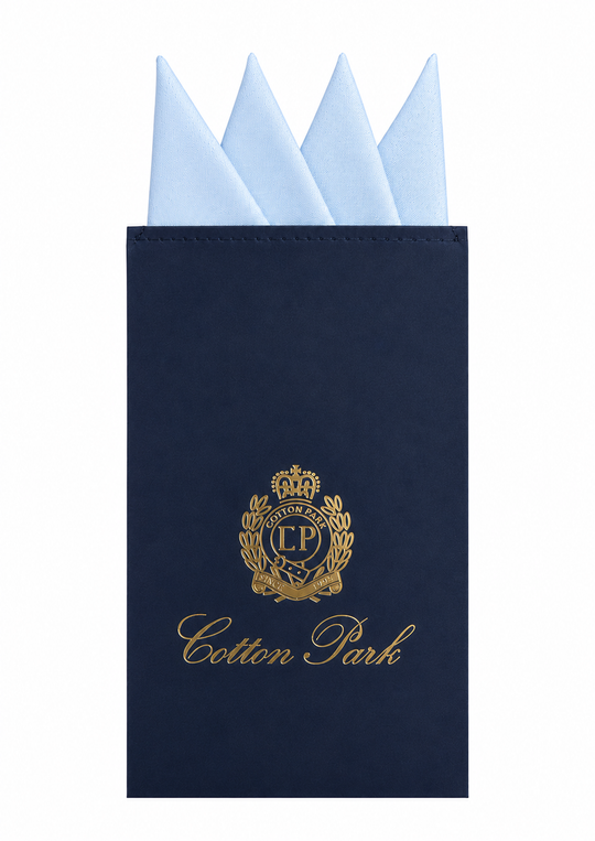 Pochette de costume bleu iel prépliée avec support carton