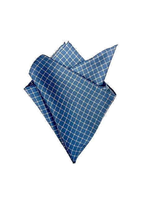 Pochette soie bleu marine à motifs carreaux marron