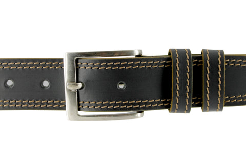 Black leather belt with beige stitching 