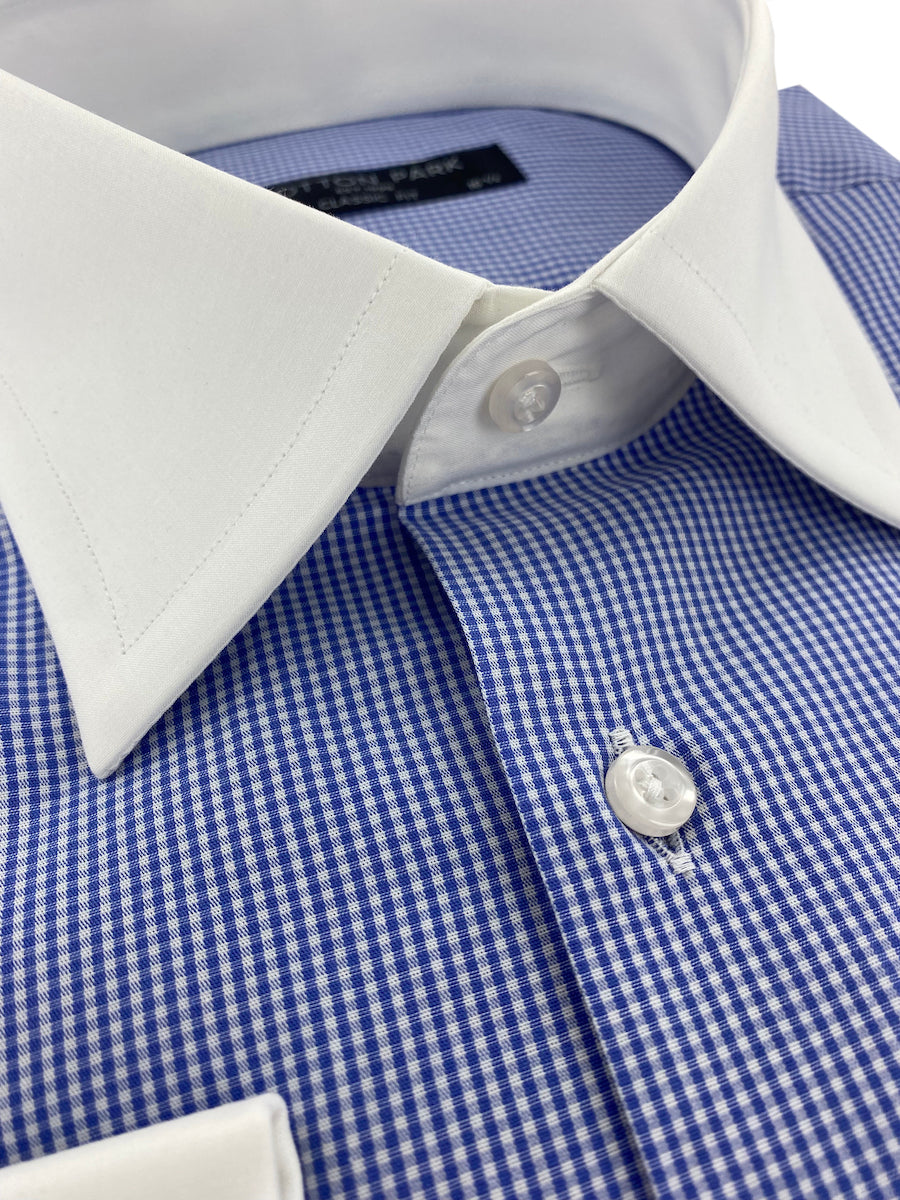 Blue gingham shirt with white French collar and cuffs