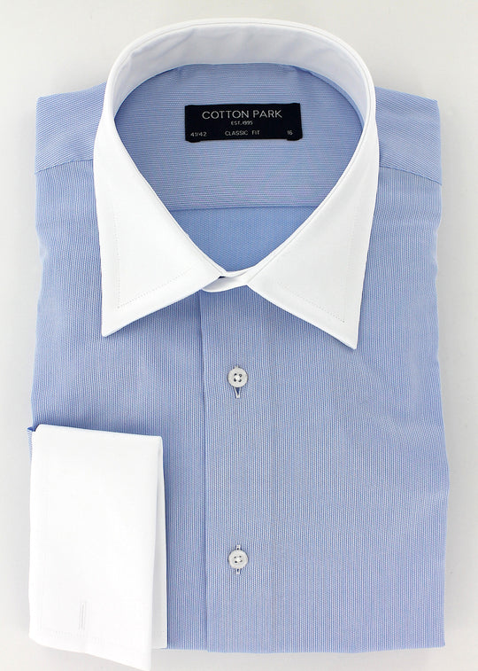 Sky blue cotton piqué shirt with white French collar and cuffs