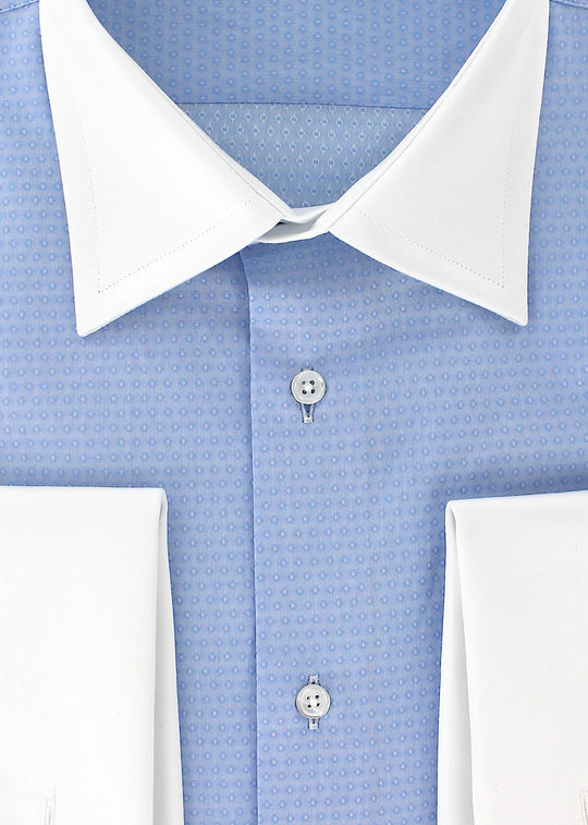 Sky blue patterned shirt with white French collar and cuffs