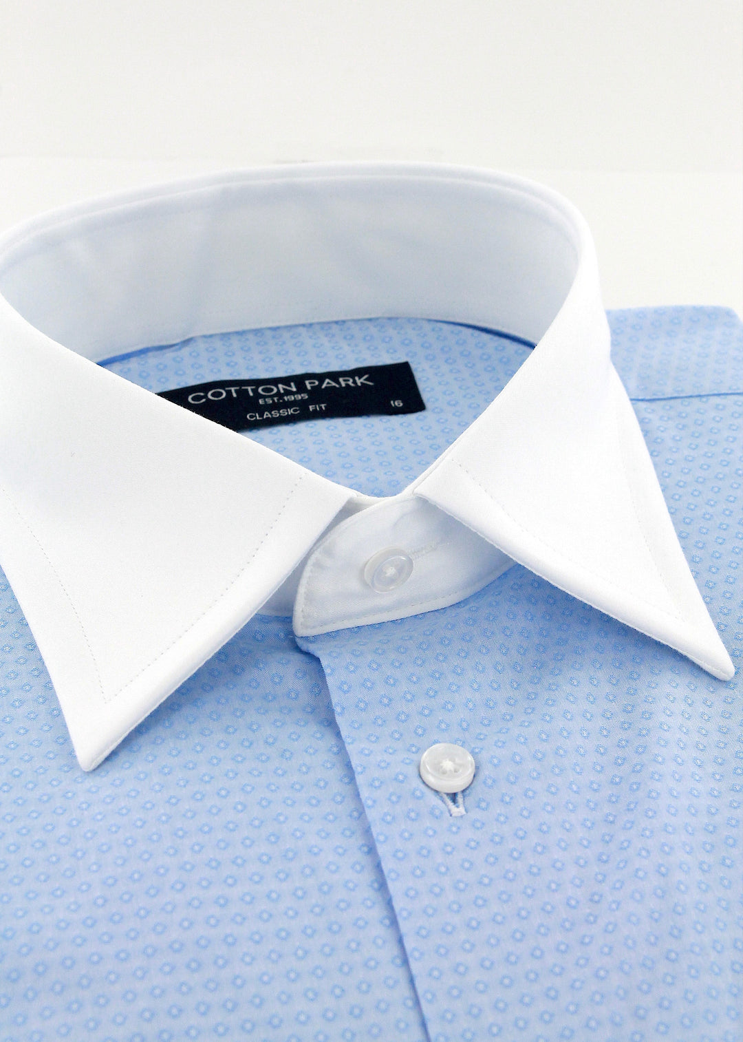 Sky blue patterned shirt with white French collar and cuffs