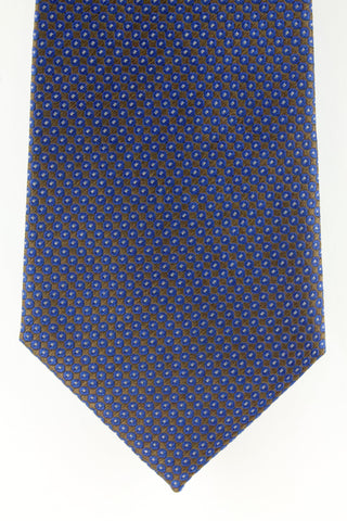 Cravate-8-cm-en-soie-tissee-marron-motif-rond-marine