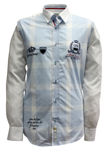 Embroidered sky blue checked sport chic shirt