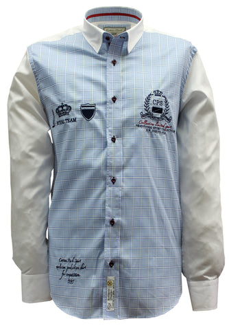 Sporty chic shirt with small embroidered sky blue checks