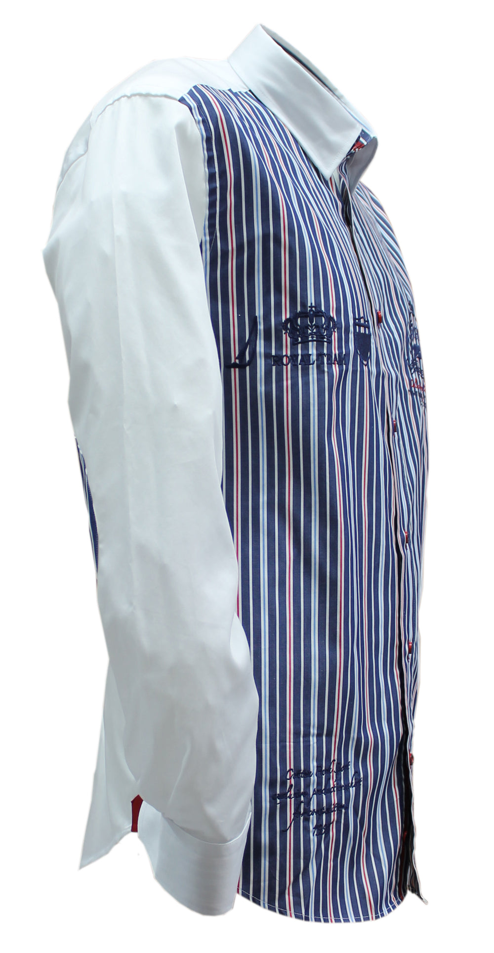 Sporty chic shirt with red and sky blue embroidered stripes