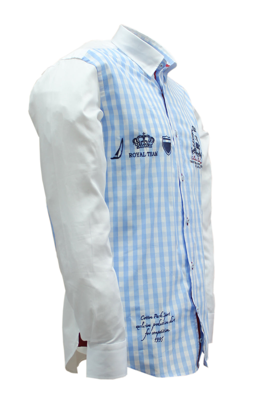 Embroidered sky blue gingham sport chic shirt
