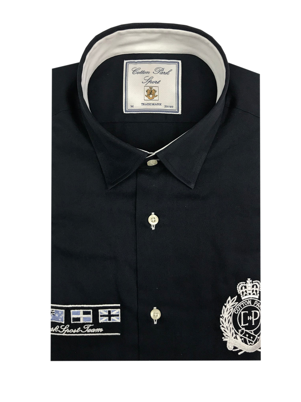 Sporty chic navy blue shirt with white embroidery