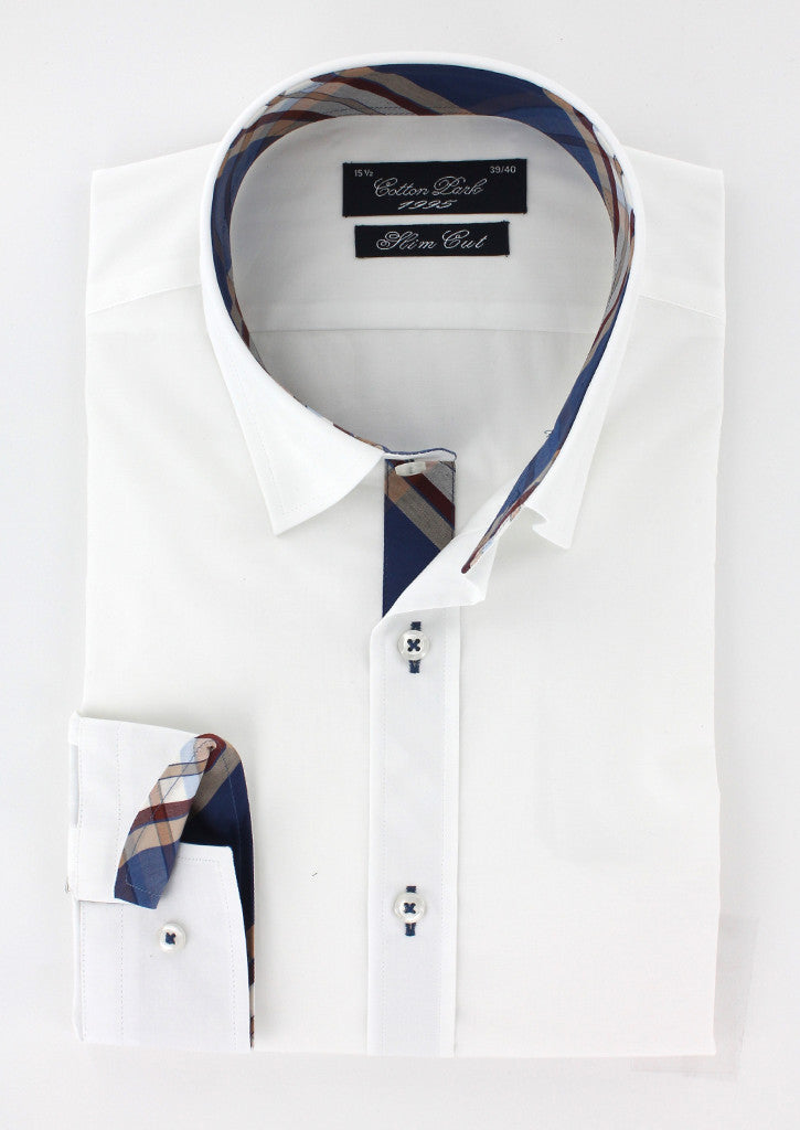 Chemise cintrée blanche opposition et coudières carreaux | Cotton Park