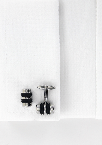 Boutons de manchettes cylindriques couleur argenté à motifs cordes noires | Cotton Park