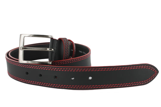 Black leather belt with red stitching 