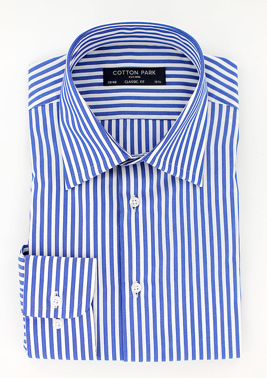 Chemise coupe droite 100% coton à rayures bâtons bleus | Cotton Park