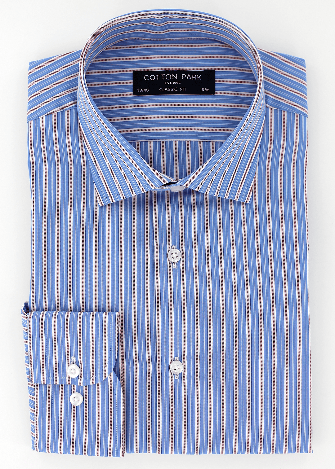 Chemise élégante pour homme coupe classique bleu à rayures marron et blancs | Cotton Park