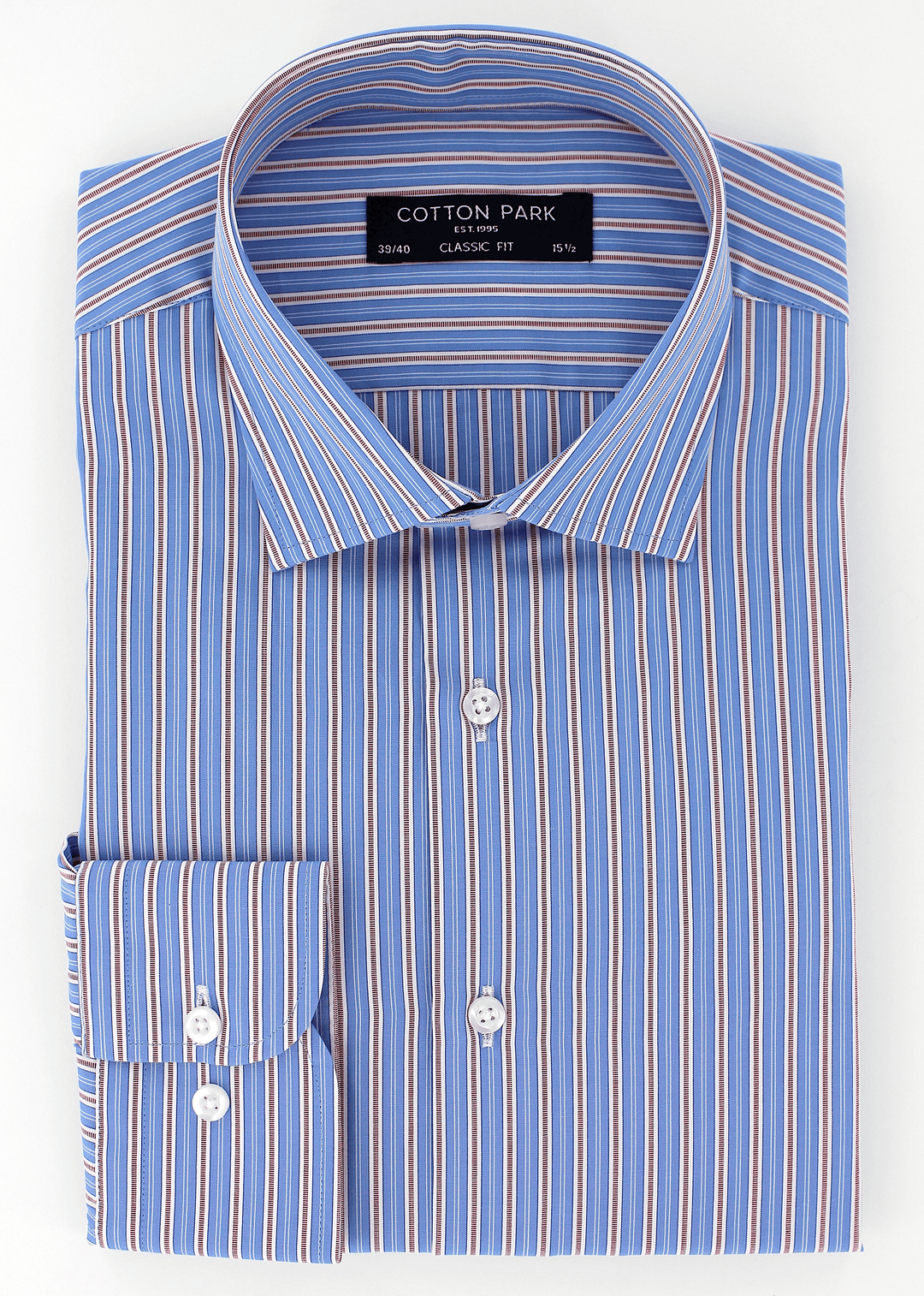 Chemise classique bleu a rayures marron et blancs Cotton Park