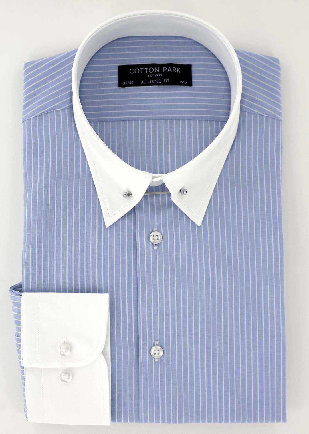 Chemise ajustée élégante pour homme col anglais bleu à fines rayures blanches | Cotton Park