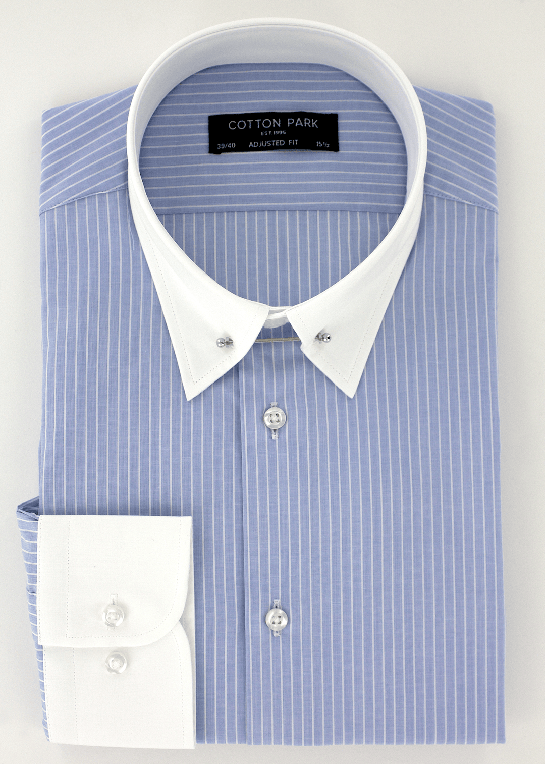 Chemise ajustee col anglais bleu a fines rayures blanches Cotton Park