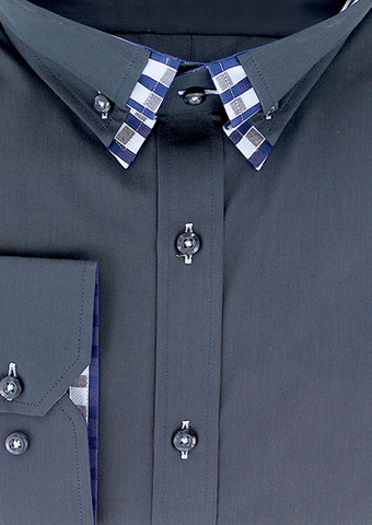 Chemise double col noir à opposition carreaux bleu marine | Cotton Park
